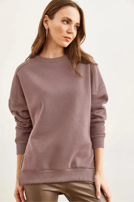 Kadın Gül Kurusu Yanları Fermuar Detaylı İçi Polarlı Kalın Sweatshirt SWT-19000624 - Gül Kurusu - 2