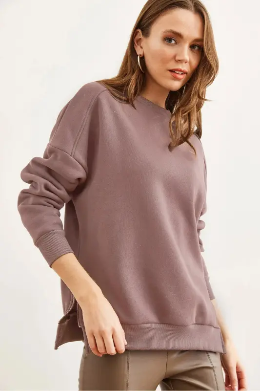 Kadın Gül Kurusu Yanları Fermuar Detaylı İçi Polarlı Kalın Sweatshirt SWT-19000624 - Gül Kurusu - 5