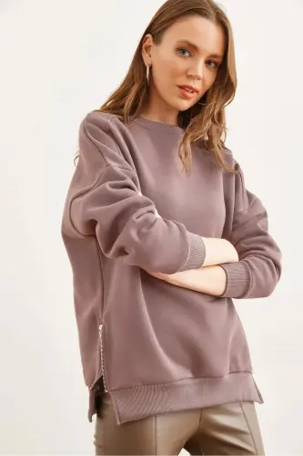 Kadın Gül Kurusu Yanları Fermuar Detaylı İçi Polarlı Kalın Sweatshirt SWT-19000624-Gül Kurusu 