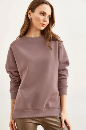 Kadın Gül Kurusu Yanları Fermuar Detaylı İçi Polarlı Kalın Sweatshirt SWT-19000624-Gül Kurusu - OLALOOK (1)