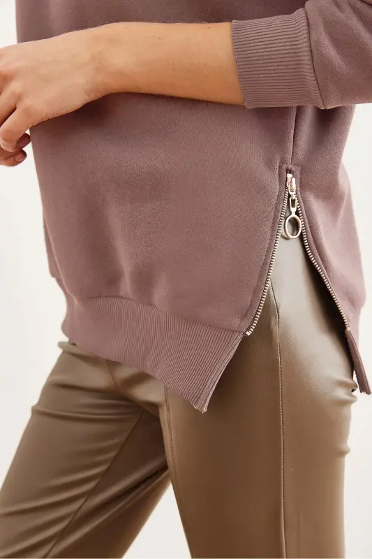 Kadın Gül Kurusu Yanları Fermuar Detaylı İçi Polarlı Kalın Sweatshirt SWT-19000624-Gül Kurusu - 3