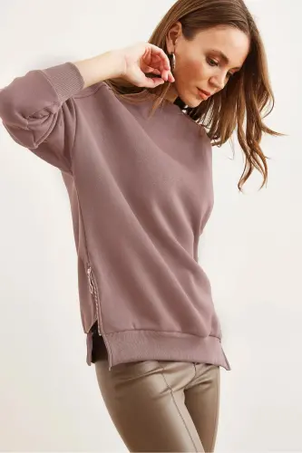 Kadın Gül Kurusu Yanları Fermuar Detaylı İçi Polarlı Kalın Sweatshirt SWT-19000624-Gül Kurusu - 4