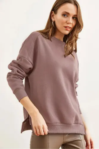 Kadın Gül Kurusu Yanları Fermuar Detaylı İçi Polarlı Kalın Sweatshirt SWT-19000624-Gül Kurusu - 5