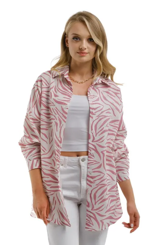 Kadın Gül Kurusu Zebra Desen Oversize Uzun Basic Gömlek Arm-22y001145-Gül Kurusu - 2