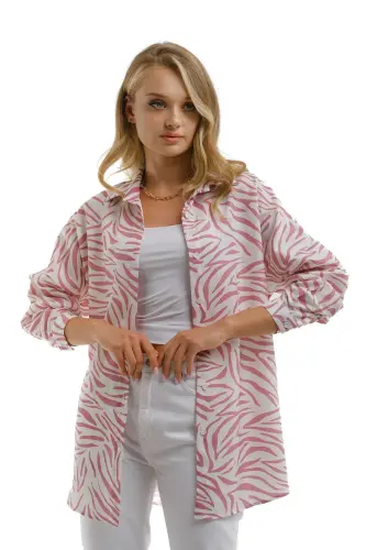Kadın Gül Kurusu Zebra Desen Oversize Uzun Basic Gömlek Arm-22y001145-Gül Kurusu - 3