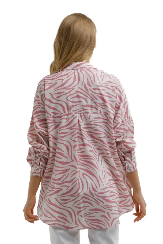 Kadın Gül Kurusu Zebra Desen Oversize Uzun Basic Gömlek Arm-22y001145-Gül Kurusu - 4