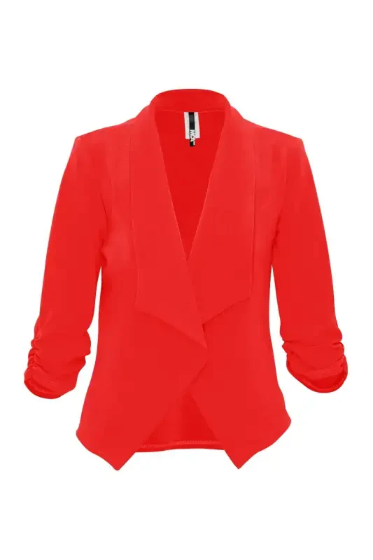 Moa Collection Women's Casual Fitted Blazer Draped Open Front with Ruched 3/4 Sleeves (S-3XL)- - Modazone