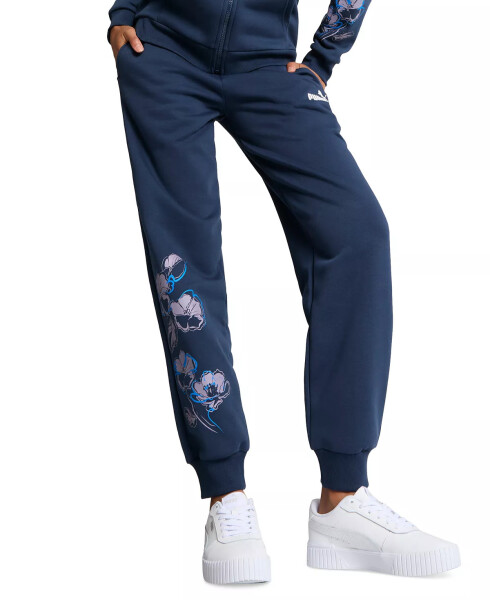 Kadın Günlük Floral Vibes Rib-Hem Sweatshirt Pantolonu Mavi - 1