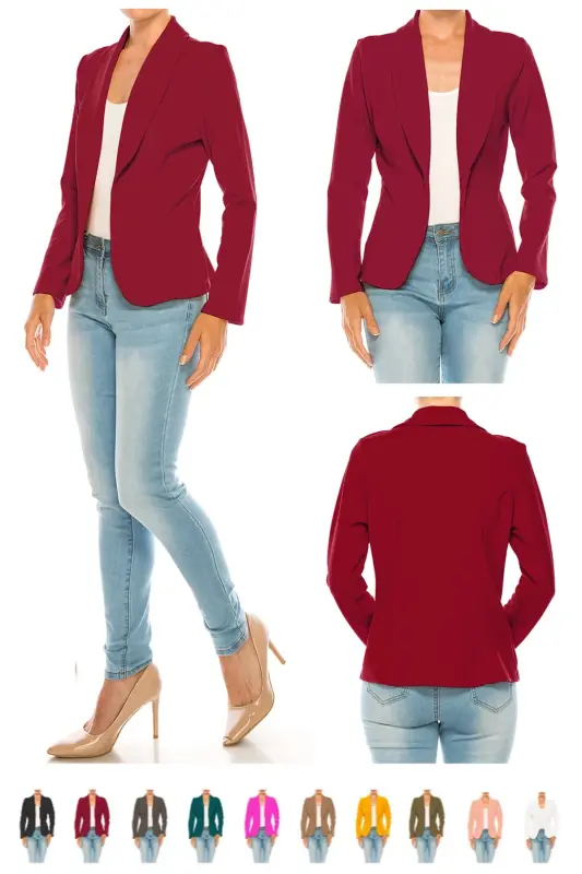 MOA COLLECTION Women's Casual Solid Office Work Wear Long Sleeve Fitted Open Front Blazer Jacket- - 6