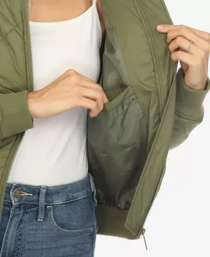 Women's Lightweight Diamond Quilted Puffer Bomber Jacket - Olive - 6