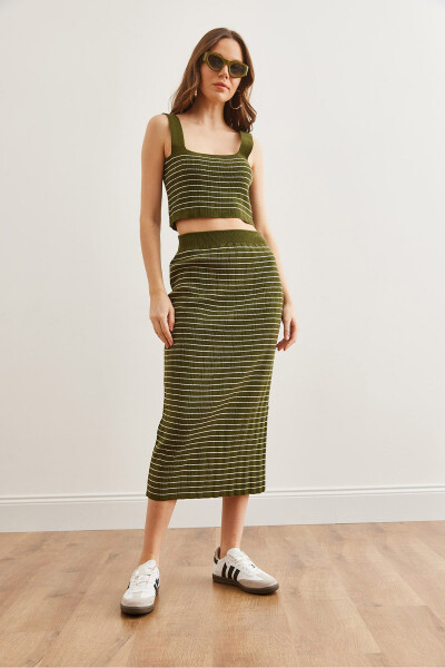 Kadın Haki 3 Parça Çizgili Triko Takım TKM-19000322-Haki - 2