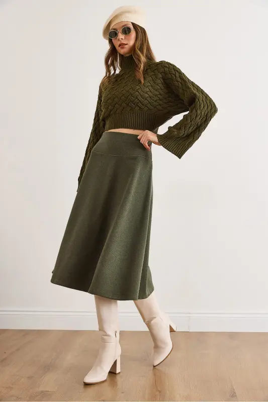 Kadın Haki Beli Bantlı Selanik Çan Etek ETK-19000297-Haki - OLALOOK