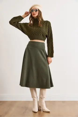 Kadın Haki Beli Bantlı Selanik Çan Etek ETK-19000297-Haki - OLALOOK (1)