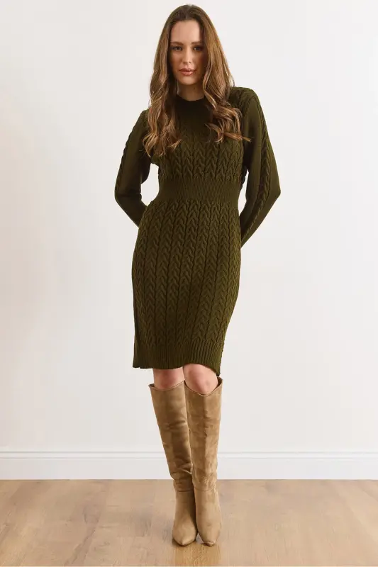 Kadın Haki Beli Bantlı Yırtmaçlı Saç Örgü Mini Elbise ELB-19002289-Haki - 1