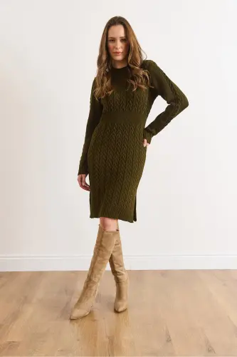 Kadın Haki Beli Bantlı Yırtmaçlı Saç Örgü Mini Elbise ELB-19002289-Haki - 2