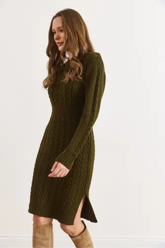 Kadın Haki Beli Bantlı Yırtmaçlı Saç Örgü Mini Elbise ELB-19002289-Haki - 5