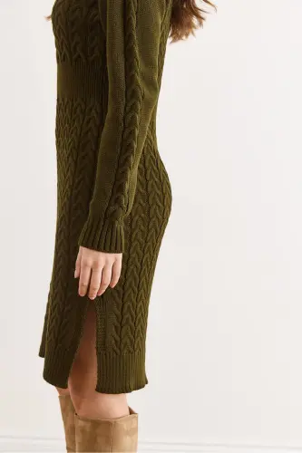 Kadın Haki Beli Bantlı Yırtmaçlı Saç Örgü Mini Elbise ELB-19002289-Haki - 6