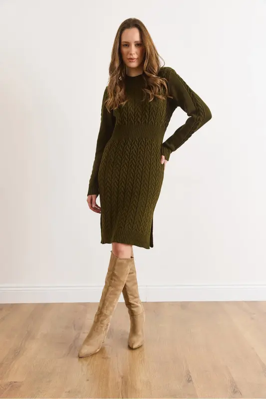 Kadın Haki Beli Bantlı Yırtmaçlı Saç Örgü Mini Elbise ELB-19002289-Haki - 2