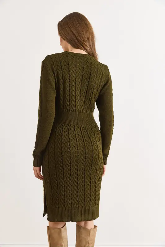 Kadın Haki Beli Bantlı Yırtmaçlı Saç Örgü Mini Elbise ELB-19002289-Haki - 3