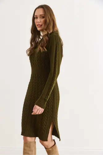 Kadın Haki Beli Bantlı Yırtmaçlı Saç Örgü Mini Elbise ELB-19002289-Haki - 4