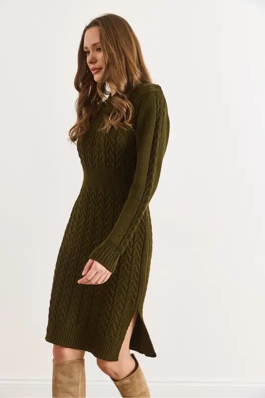 Kadın Haki Beli Bantlı Yırtmaçlı Saç Örgü Mini Elbise ELB-19002289-Haki - 5