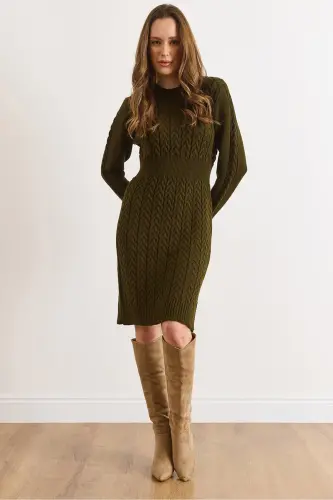 Kadın Haki Beli Bantlı Yırtmaçlı Saç Örgü Mini Elbise ELB-19002289-Haki 