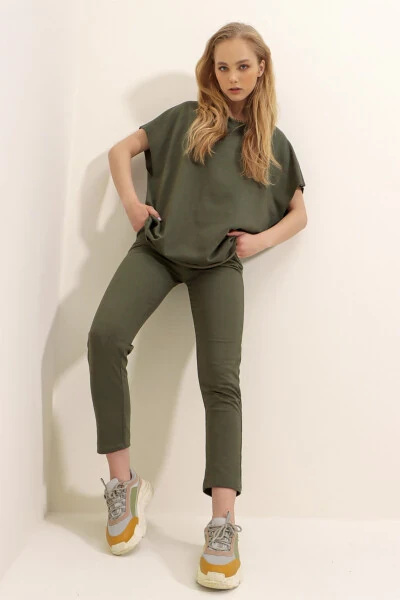 Kadın Haki Bisiklet Yaka Fitilli Eşofman Takım ALC-X5885-HAKİ - Modazone (1)