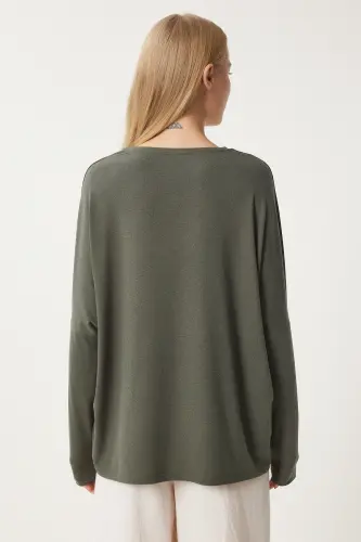 Kadın Haki Bisiklet Yaka Yarasa Kol Örme Bluz EN00616 - Haki - 5