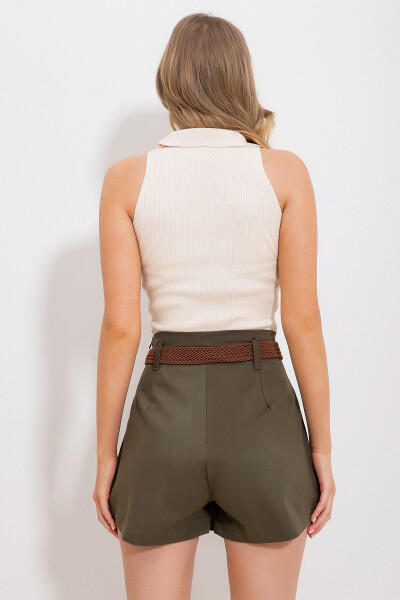 Kadın Haki Cep Kapaklı Pileli Gizli Fermuarlı Gabardin Şort Etek ALC-X11688-HAKİ - 4