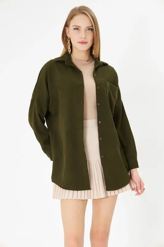 Kadın Haki Cepli Oversize İnce Fitilli Kadife Gömlek ARM-24K001076-Haki - 2