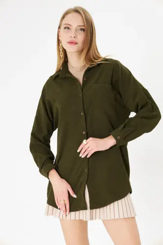 Kadın Haki Cepli Oversize İnce Fitilli Kadife Gömlek ARM-24K001076-Haki - 3