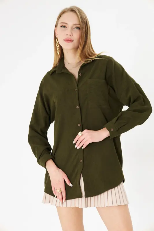 Kadın Haki Cepli Oversize İnce Fitilli Kadife Gömlek ARM-24K001076-Haki - 3