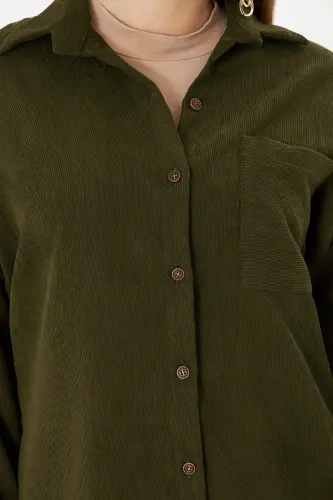 Kadın Haki Cepli Oversize İnce Fitilli Kadife Gömlek ARM-24K001076-Haki - 4
