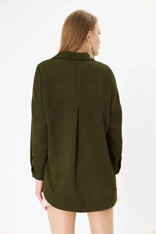 Kadın Haki Cepli Oversize İnce Fitilli Kadife Gömlek ARM-24K001076-Haki - 5