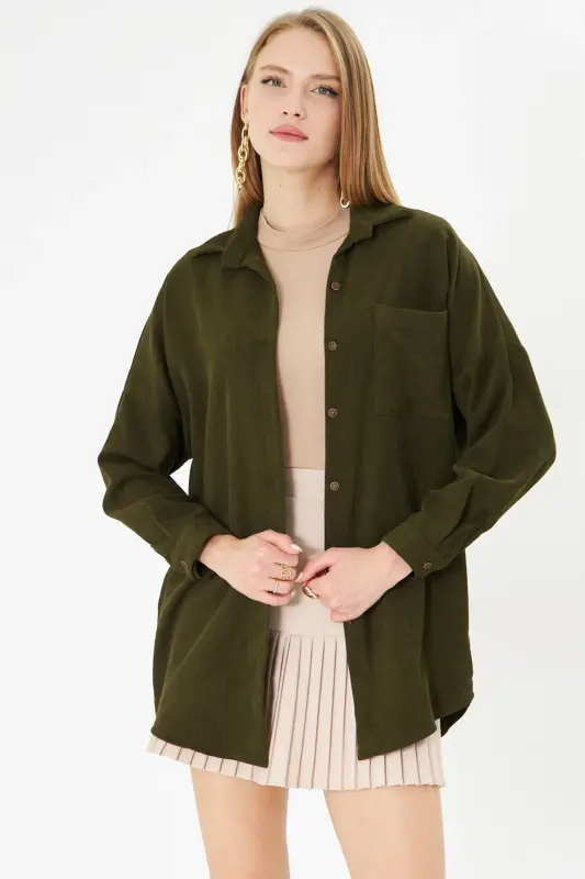 Kadın Haki Cepli Oversize İnce Fitilli Kadife Gömlek ARM-24K001076-Haki - ARMONIKA