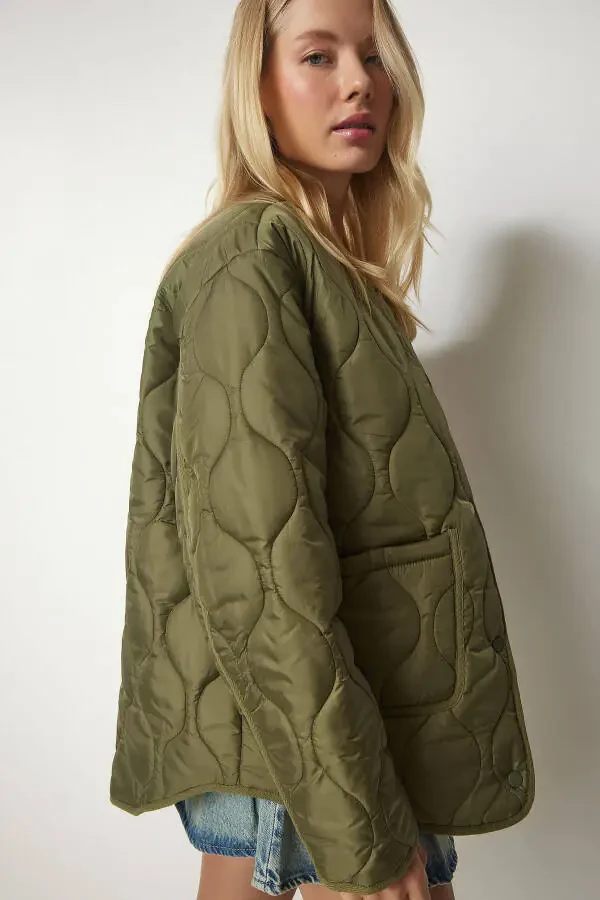 Kadın Haki Cepli Oversize Kapitone Mont DZ00098-Haki - 2