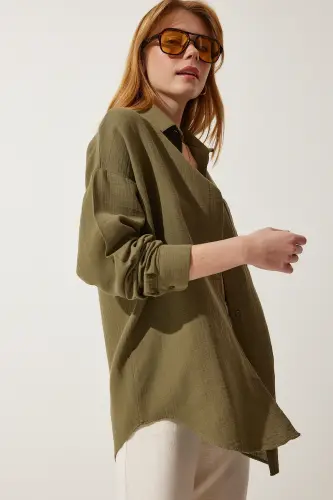 Kadın Haki Cepli Oversize Müslin Gömlek MX00150 - Haki - 3