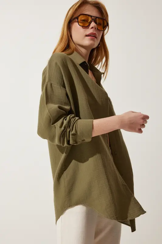 Kadın Haki Cepli Oversize Müslin Gömlek MX00150 - Haki - 3