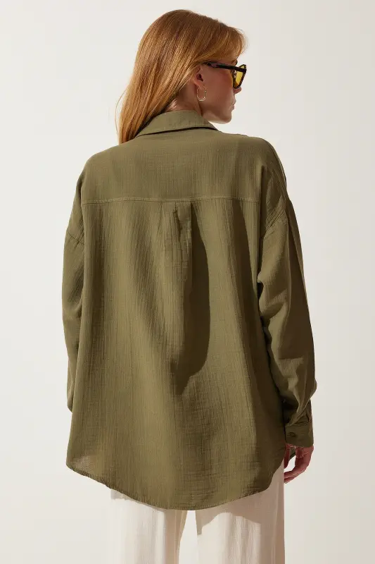 Kadın Haki Cepli Oversize Müslin Gömlek MX00150 - Haki - 6