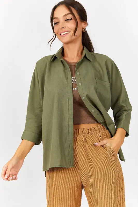 Kadın Haki Cepli Salaş Keten Gömlek ARM-21Y001035-Haki - 1