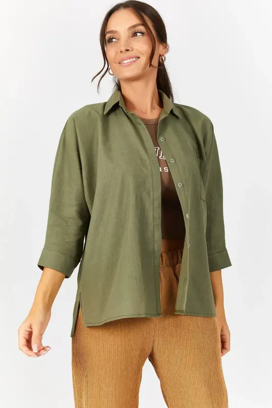 Kadın Haki Cepli Salaş Keten Gömlek ARM-21Y001035-Haki - 2