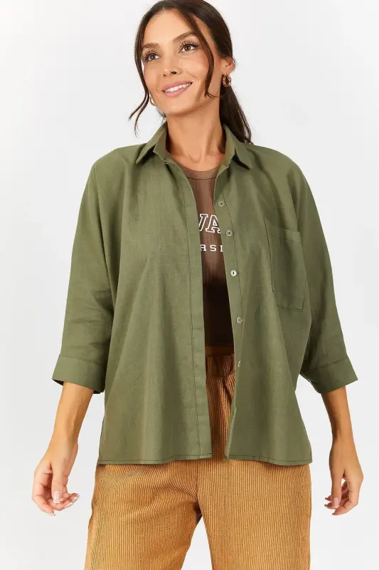 Kadın Haki Cepli Salaş Keten Gömlek ARM-21Y001035-Haki - 3