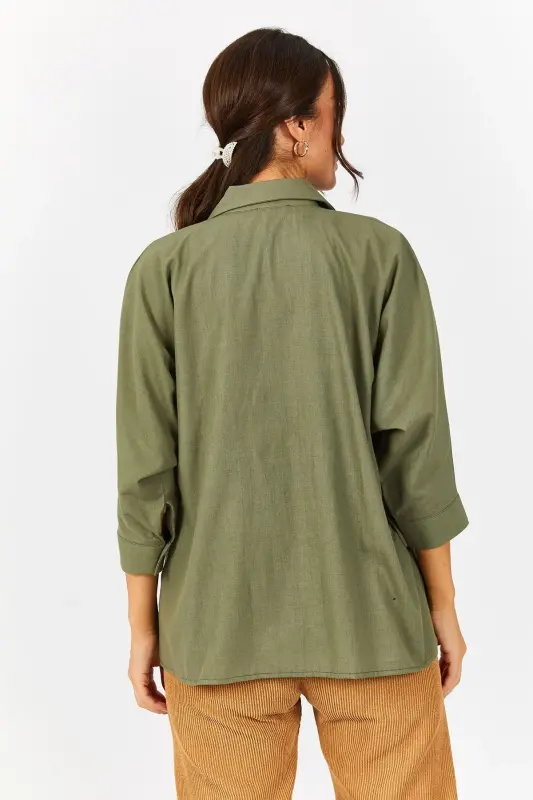 Kadın Haki Cepli Salaş Keten Gömlek ARM-21Y001035-Haki - 4