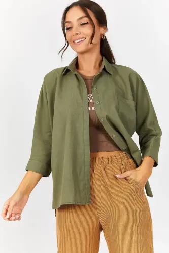 Kadın Haki Cepli Salaş Keten Gömlek ARM-21Y001035-Haki 