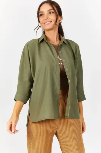 Kadın Haki Cepli Salaş Keten Gömlek ARM-21Y001035-Haki - ARMONIKA (1)