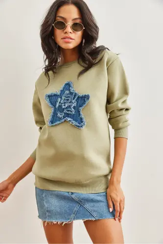 Kadın Haki Denim Kalp Garnili Şardonlu Kalın Sweatshirt SWT-19000691 - Haki - OLALOOK (1)