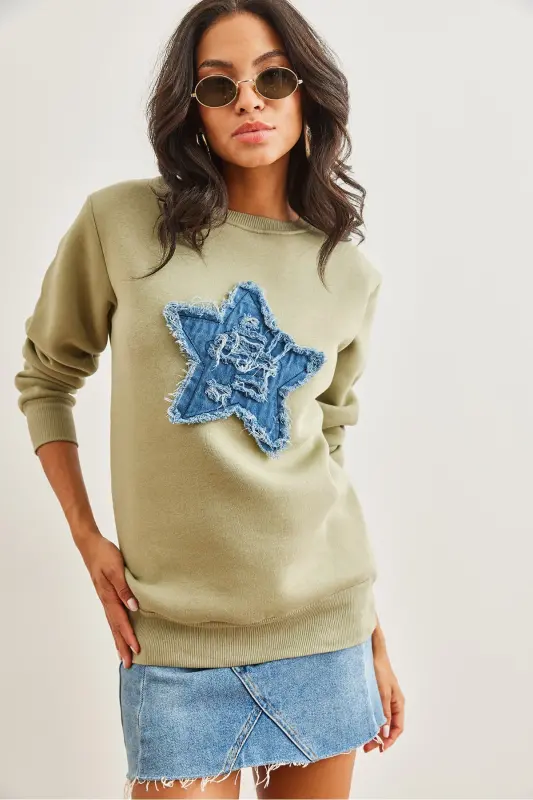 Kadın Haki Denim Kalp Garnili Şardonlu Kalın Sweatshirt SWT-19000691 - Haki - 3