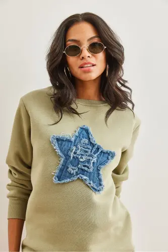 Kadın Haki Denim Kalp Garnili Şardonlu Kalın Sweatshirt SWT-19000691 - Haki - 5