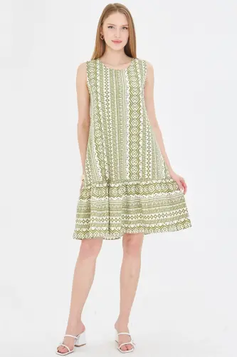 Kadın Haki Desenli Eteği Fırfırlı Kolsuz Elbise ARM-23Y001052-Haki - ARMONIKA (1)