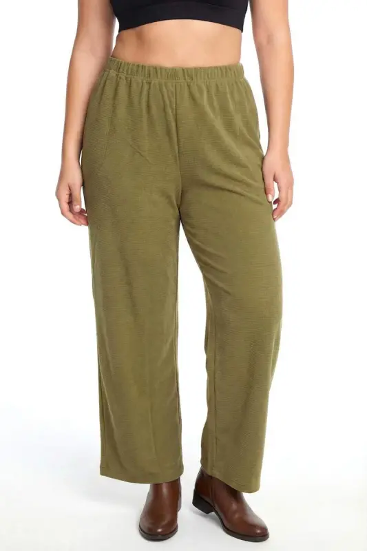 Kadın Haki Dokulu Büyük Beden Cepli Pijama Altı - 2